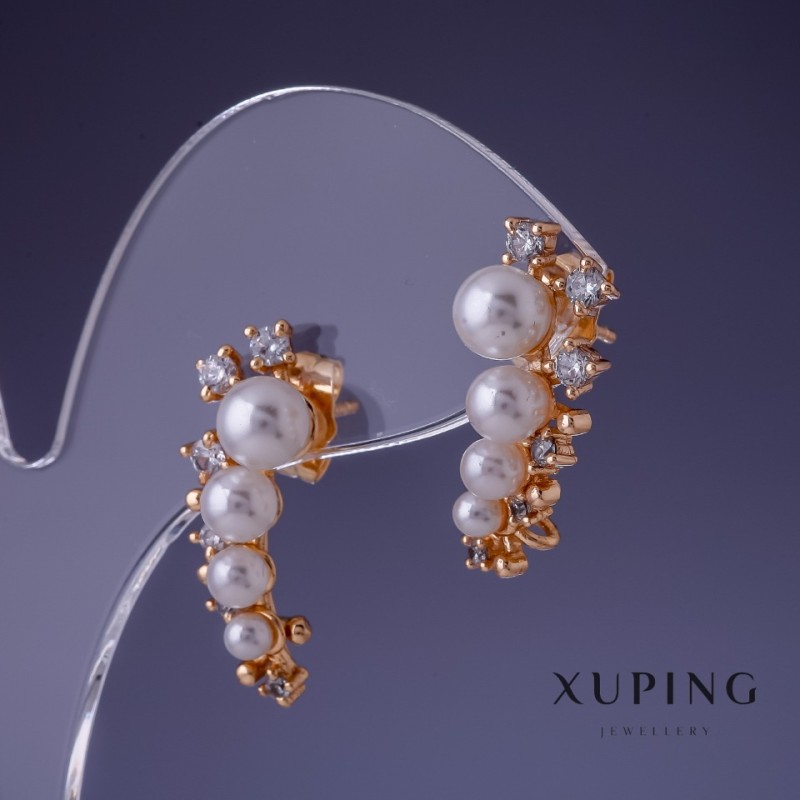 עגילים Xuping עם פנינים «מאיורקה» 25×12 מ״מ «ציפוי זהב 18K»