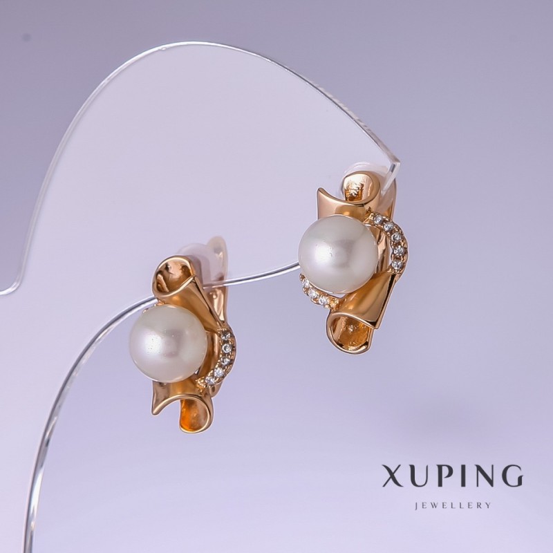 עגילים Xuping עם פנינים לבנות «מאיורקה» 17×10 מ״מ זהב מצופה 18 קראט