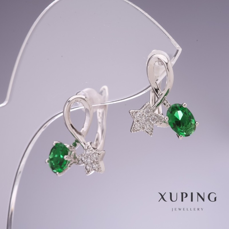 עגילי Xuping עם זירקונים ירוקים «כוכבים» 17×14 מ״מ רודיום