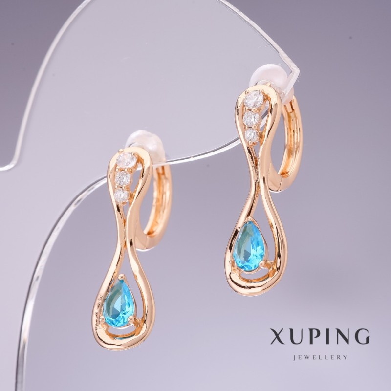 עגילים Xuping עם זירקונים כחולים «טופז» 26×8 מ״מ, ציפוי זהב 18K