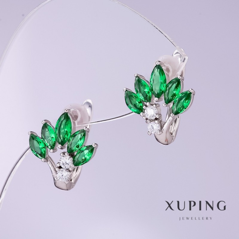 עגילים Xuping עם זירקונים ירוקים וייר, קוטר 12 מ״מ, אורך 15 מ״מ, רודיום