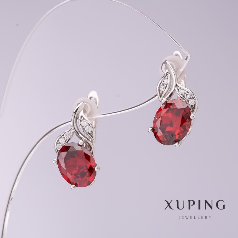 עגילים Xuping עם זירקונים אדומים, קוטר 8 מ״מ, אורך 16 מ״מ, ציפוי רודיום