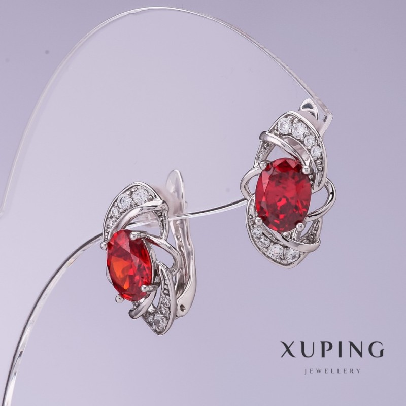עגילים Xuping עם זירקונים אדומים, קוטר 10 מ״מ, אורך 17 מ״מ, ציפוי רודיום