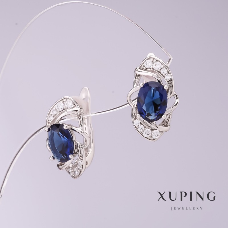 עגילים Xuping עם זרקונים כחולים, קוטר 9 מ״מ, אורך 16 מ״מ, ציפוי רודיום