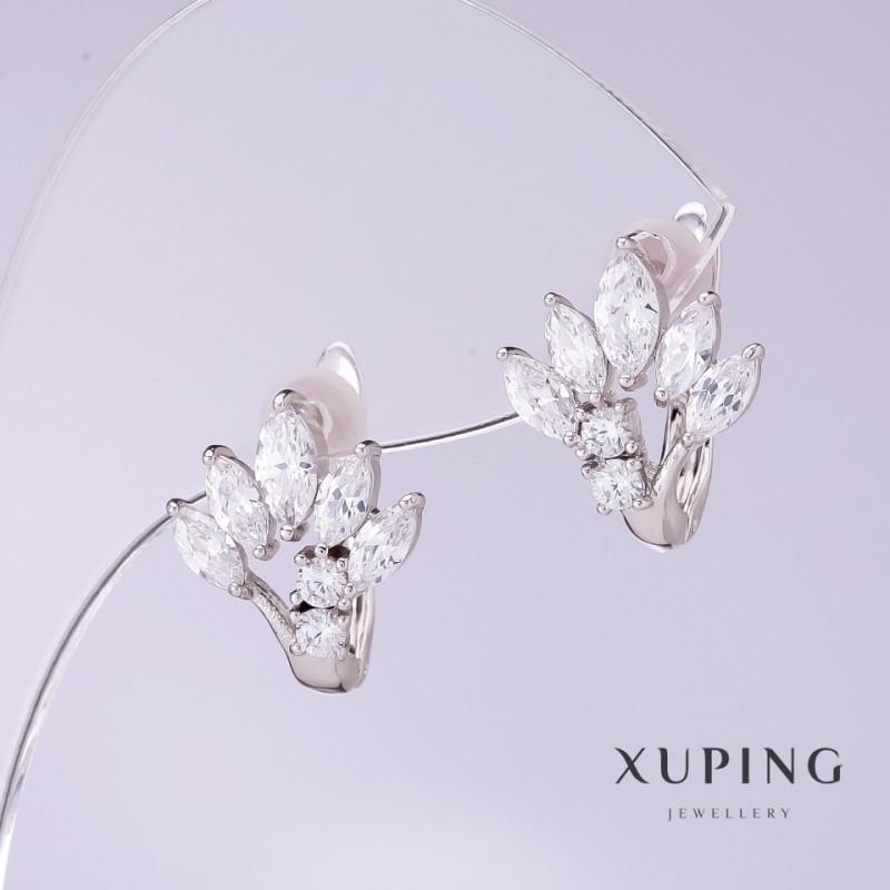 עגילי Xuping עם זירקונים לבנים «ויאילו», קוטר 12 מ״מ, אורך 15 מ״מ, מצופים ברודיום
