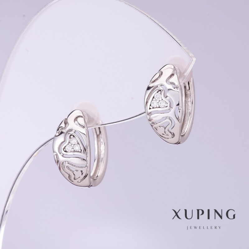 עגילי Xuping לבבות מגולפים, קוטר 7 מ״מ, אורך 15 מ״מ, רודיום