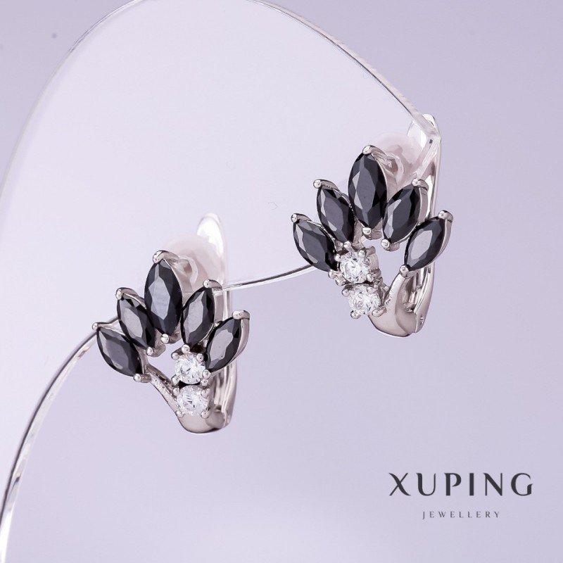 עגילים Xuping עם זירקונים שחורים מניפה, קוטר 12 מ״מ, אורך 15 מ״ל, רודיום