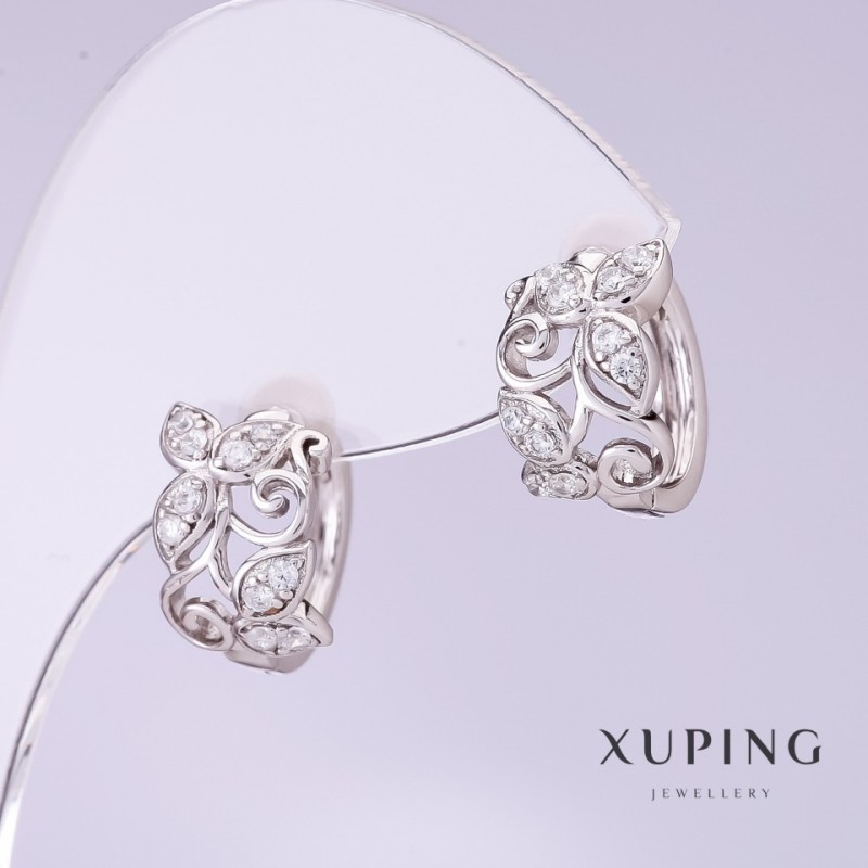 עגילים Xuping עם זירקונים לבנים, קוטר 8 מ״מ, אורך 12 מ״מ, מצופים ברודיום