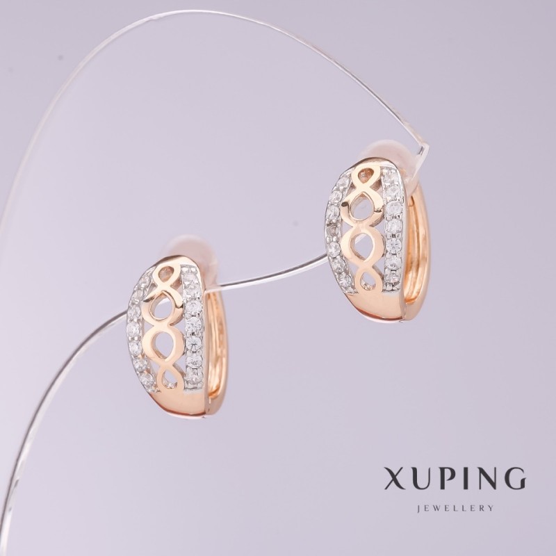 עגילי Xuping עם זירקונים לבנים, קוטר 7 מ״מ, אורך 13 מ״מ, ציפוי זהב 18 קראט, רודיום