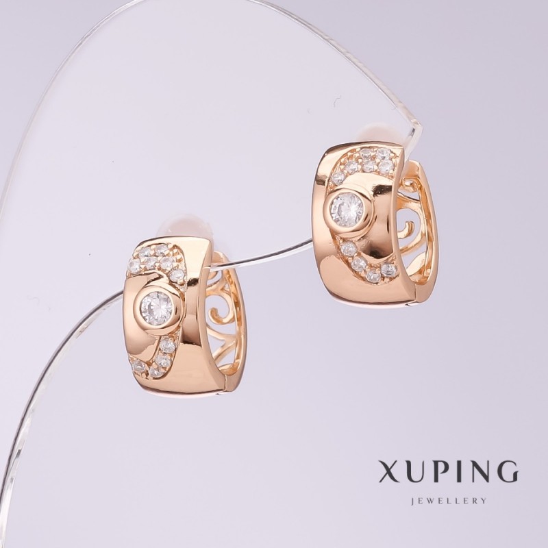 עגילים Xuping עם זרקונים לבנים, קוטר 7 מ"מ, אורך 14 מ"מ, זהב מצופה 18 קראט