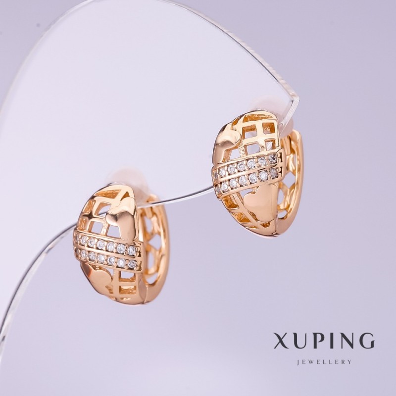 עגילים Xuping עם זרקונים לבנים, קוטר 8 מ״מ, אורך 13 מ״מ, ציפוי 18K