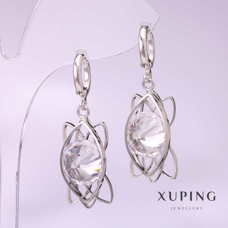 עגילי Xuping עם אבן לבנה, ציפוי רודיום, 40×12 מ״מ
