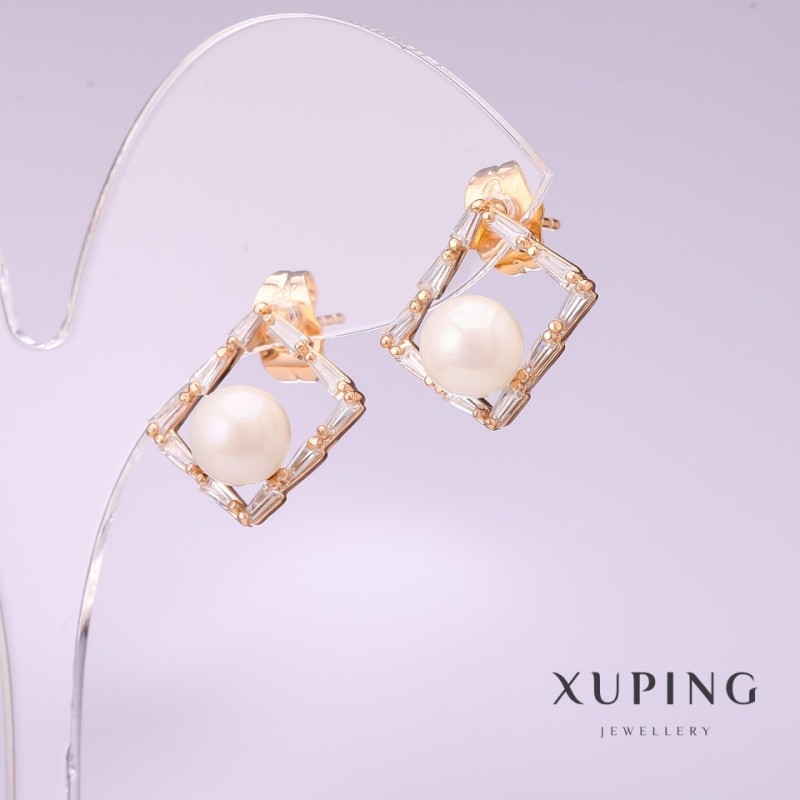 עגילי Xuping עם פנינים ממאיורקה 11×14 מ״מ, ציפוי זהב 18K