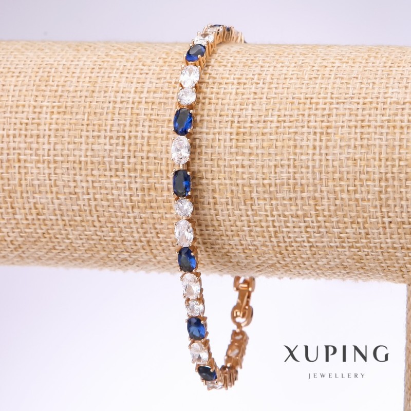 צמיד Xuping עם אבנים לבנות וכחולות, עובי 4.5 ממ, אורך 18–21 סמ, מצופה בזהב 18K