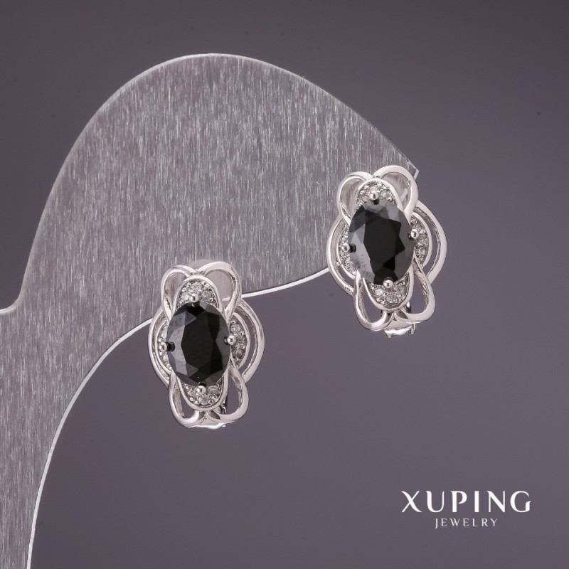 עגילים Xuping עם אבני שחורות 15×11 מ״מ ורודיום