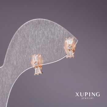 עגילים סטוד Xuping כדורונים בצורת קשתות עם אבנים לבנות 10×4 מ״מ זהב מצופה 18K