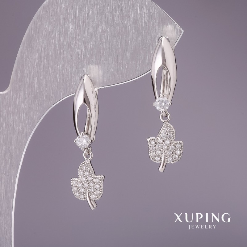 עגילים Xuping עם אבנים לבנות 27×8 מ״מ – רודיום