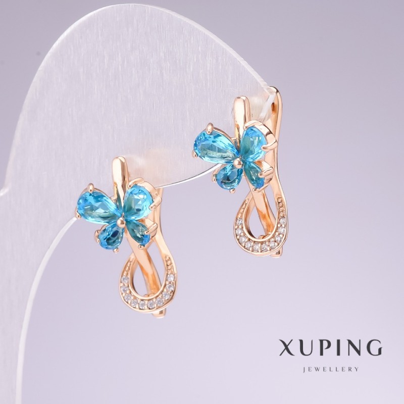 עגילי Xuping זהב מצופה 18 קראט עם אבני כחולות וזירקונים לבנים 20×11 מ״מ