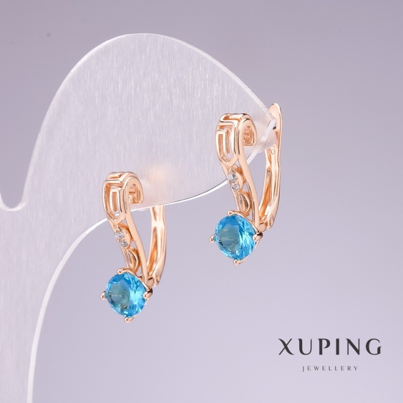 עגילים Xuping בזהב מצופה 18K עם אבן כחולה וסטרזים לבנים 20×8 מ״מ