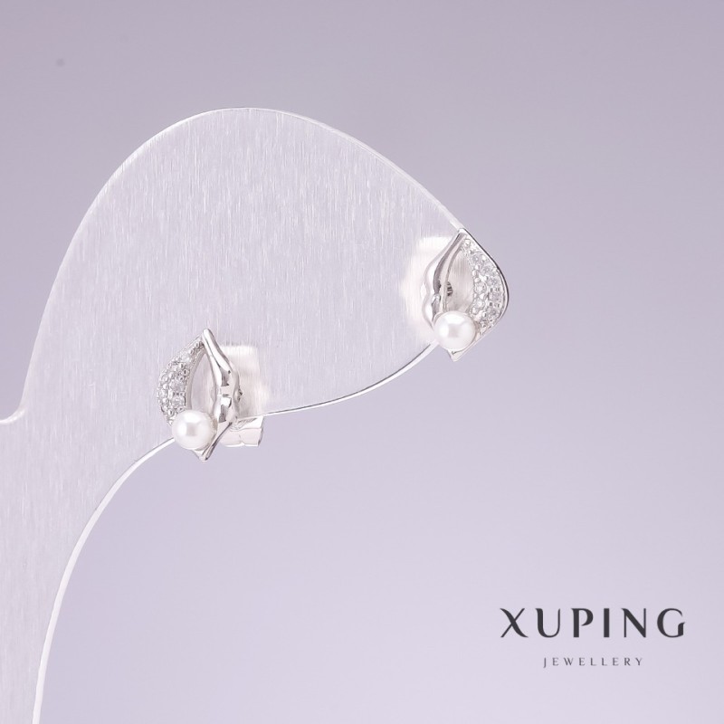 עגילי חוד Xuping רודיום «שפתיים עם אבני סטרז לבנות» 7×10 מ״מ