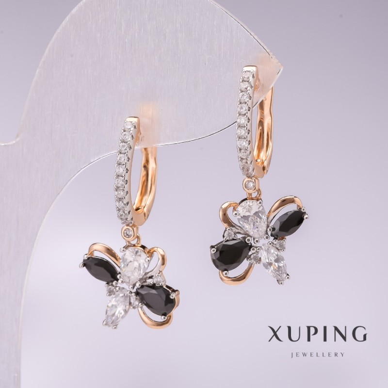 עגילים Xuping מצופים בזהב 18K, רודיום עם אבנים שחורות וזרקונים לבנים 30×12 מ״מ
