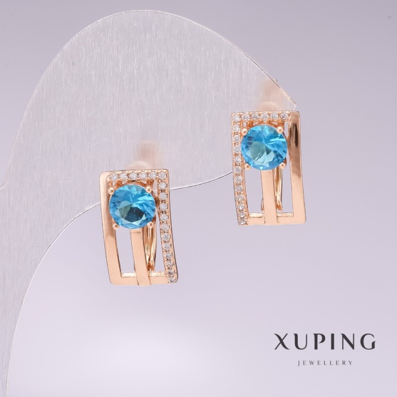 עגילים Xuping בזהב מצופה 18 קראט עם אבני כחולות וקריסטלים לבנים 16×9 מ״מ