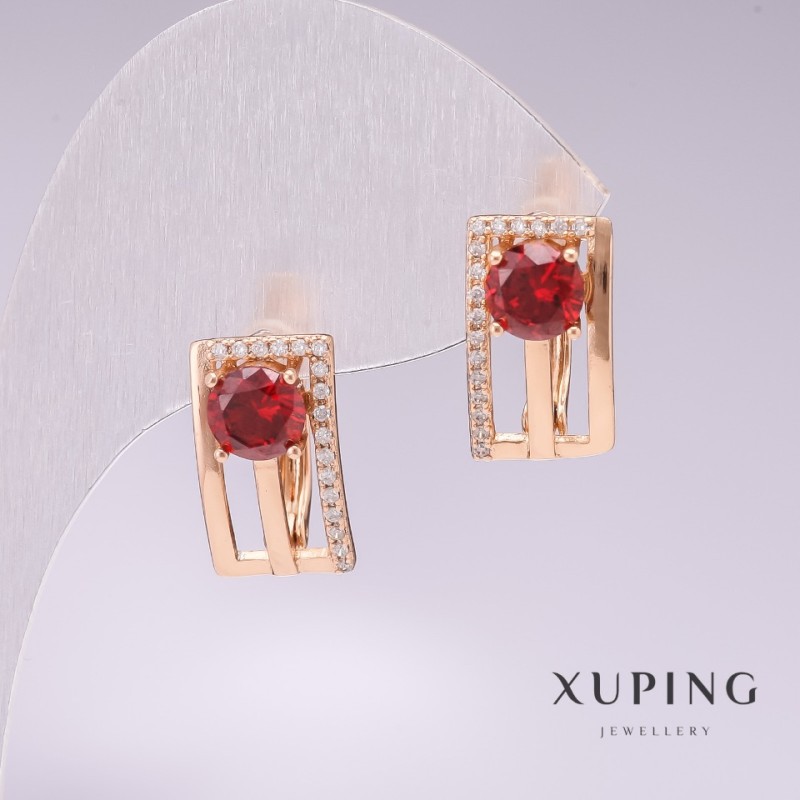 עגילים Xuping בזהב 18K עם אבן אדומה וזירקונים לבנים 16×9 mm