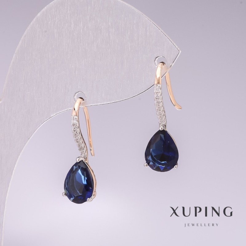 עגילי Xuping מצופים בזהב 18K, רודיום עם אבני כחולות וזירקונים לבנים 21×7 מ״מ