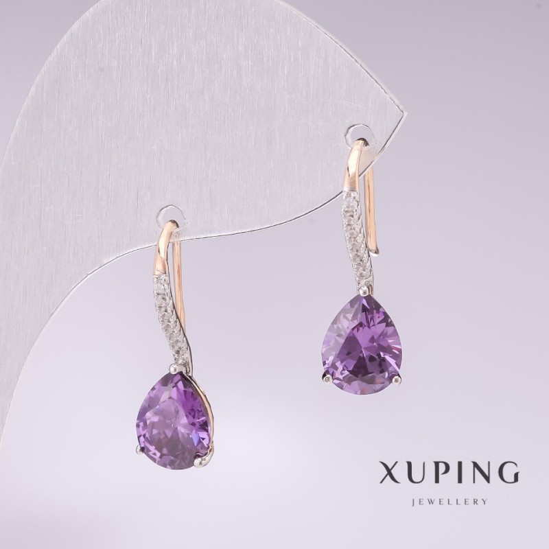 עגילים Xuping זהב מצופה 18K, רודיום עם אבני סגולות וזירקונים לבנים 21×7 מ״מ