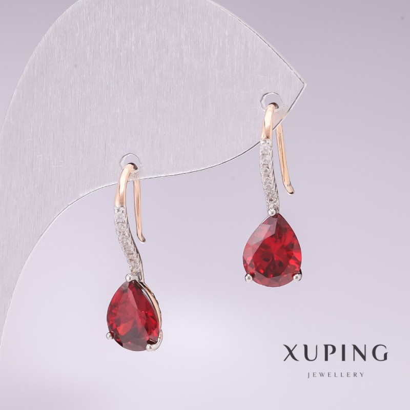 עגילי Xuping זהב מצופה 18K, רודיום עם אבן בצבע אדום וזרקונים לבנים 21×7 מ״מ