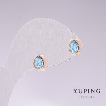 עגילי פוסטים כדוריים Xuping בצורת טיפה עם אבן כחולה, מצופים בזהב 18K, 18×7 מ״מ