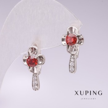 עגילי Xuping רודיום עם אבנים אדומות וסטרז לבנות 20×10 מ״מ