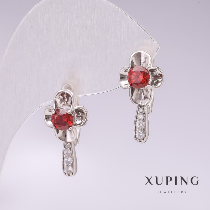 עגילי Xuping רודיום עם אבנים אדומות וסטרז לבנות 20×10 מ״מ