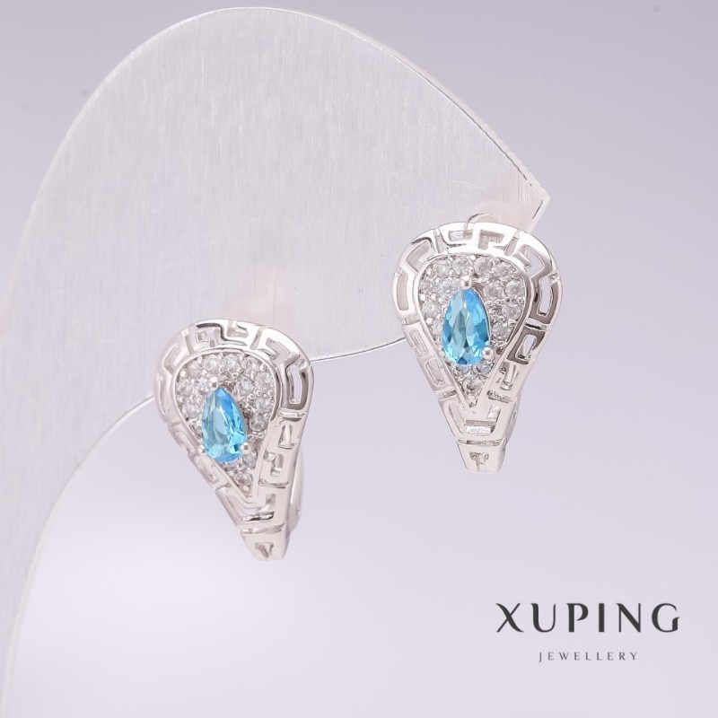עגילי Xuping בציפוי רודיום עם אבני כחולות וזרקונים לבנים 11×17 מ״מ