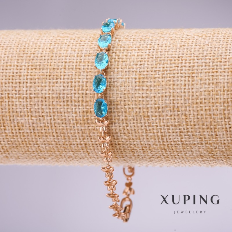 צמיד Xuping עם אבני תכלת, עובי 5 מ״מ, אורך 17–20 ס״מ, מצופה בזהב עם שרשרת הארכה