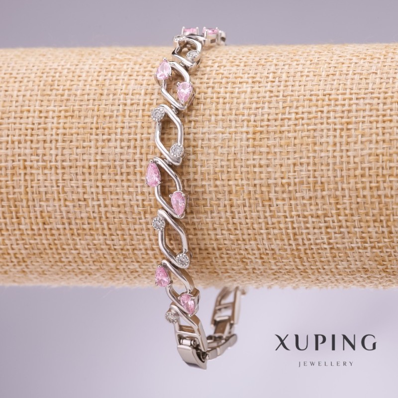 צמיד Xuping עם אבני ורודות, עובי 9 מ״מ, אורך 17–19 ס״מ, ציפוי רודיום עם שרשרת הארכה