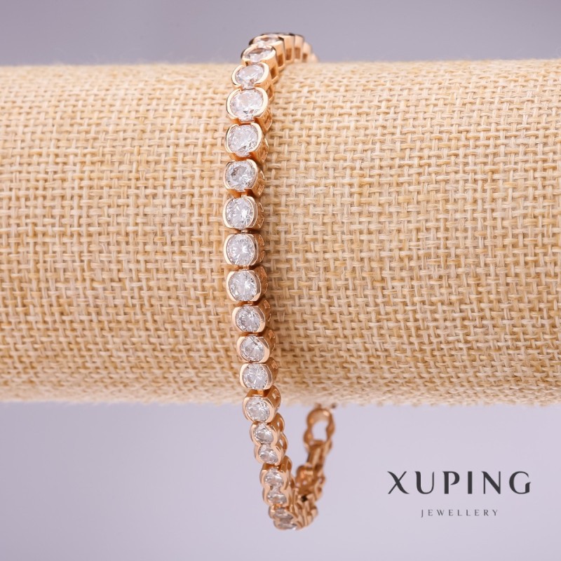 צמיד Xuping עם אבני לבן, עובי 7 מ"מ, אורך 17–19 ס"מ מצופה בזהב עם שרשרת הארכה