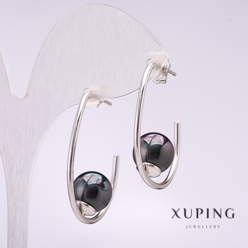 עגילי Xuping עם סגר שחור ממאיורקה, 33×10 מ״מ, מצופים ברודיום