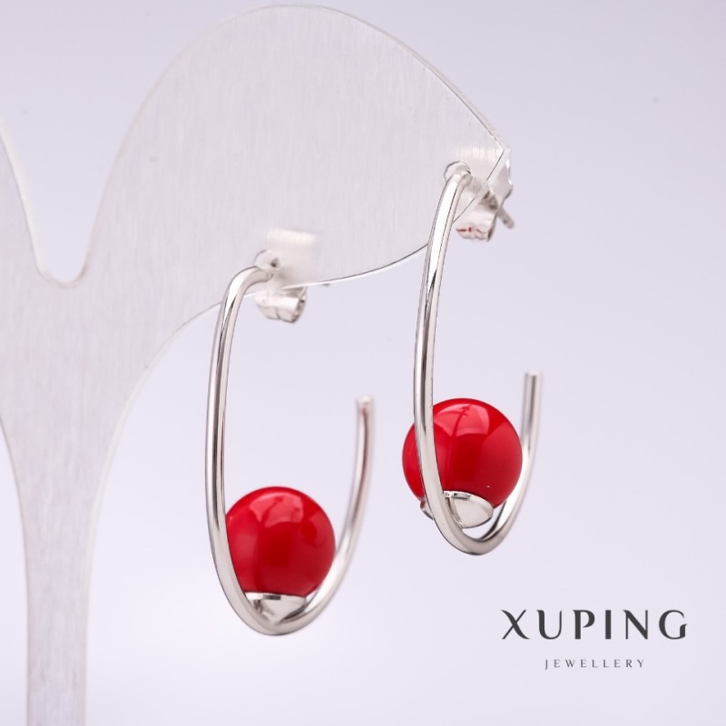 עגילי Xuping בצבת עם פנינה אדומה של מאיורקה 33×10 מ״מ, ציפוי רודיום