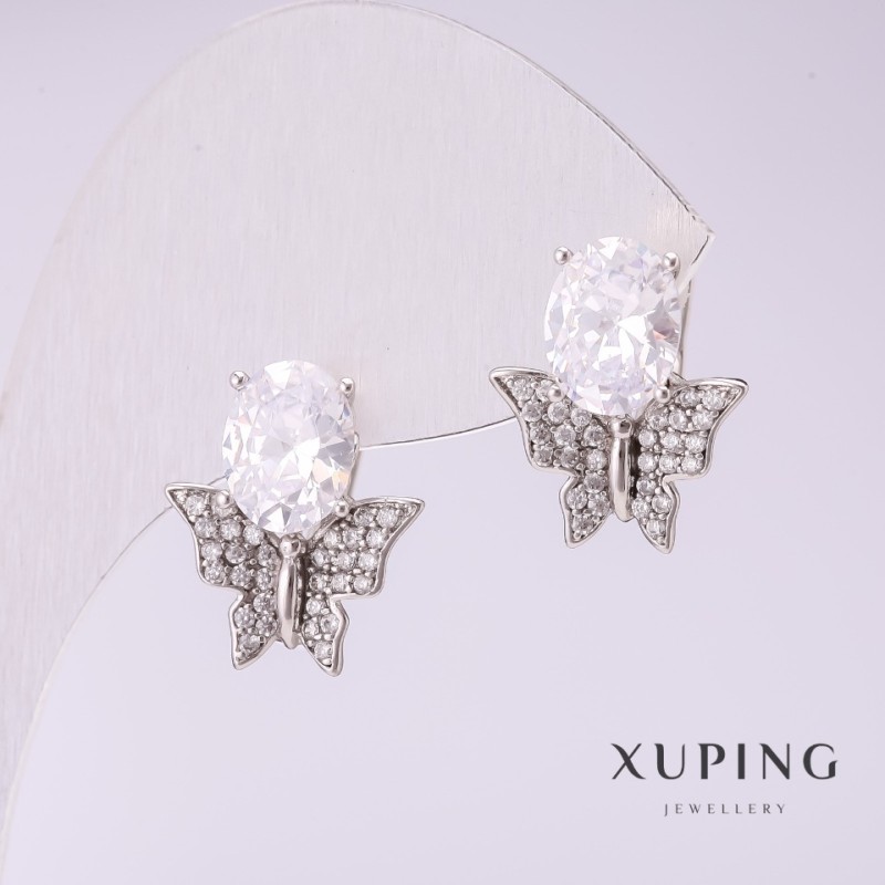 עגילים Xuping פרפרים עם אבני לבנים 16×14 מ״מ ציפוי רודיום