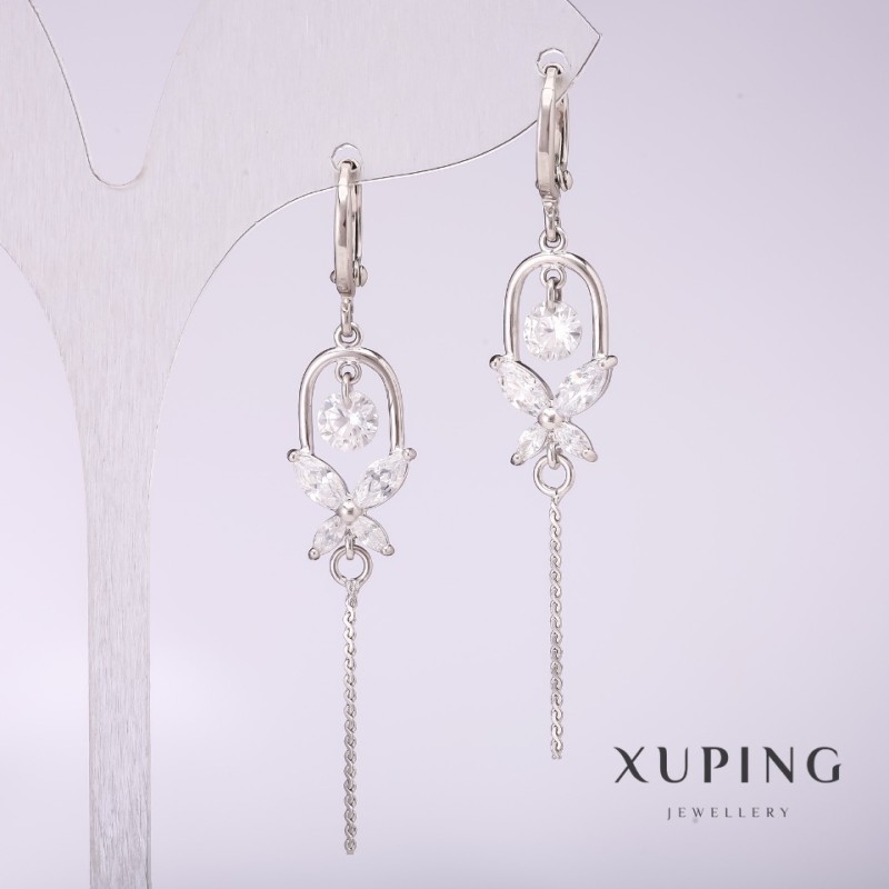 עגילי Xuping מצופים רודיום עם אבנים לבנות 55×10 מ״מ