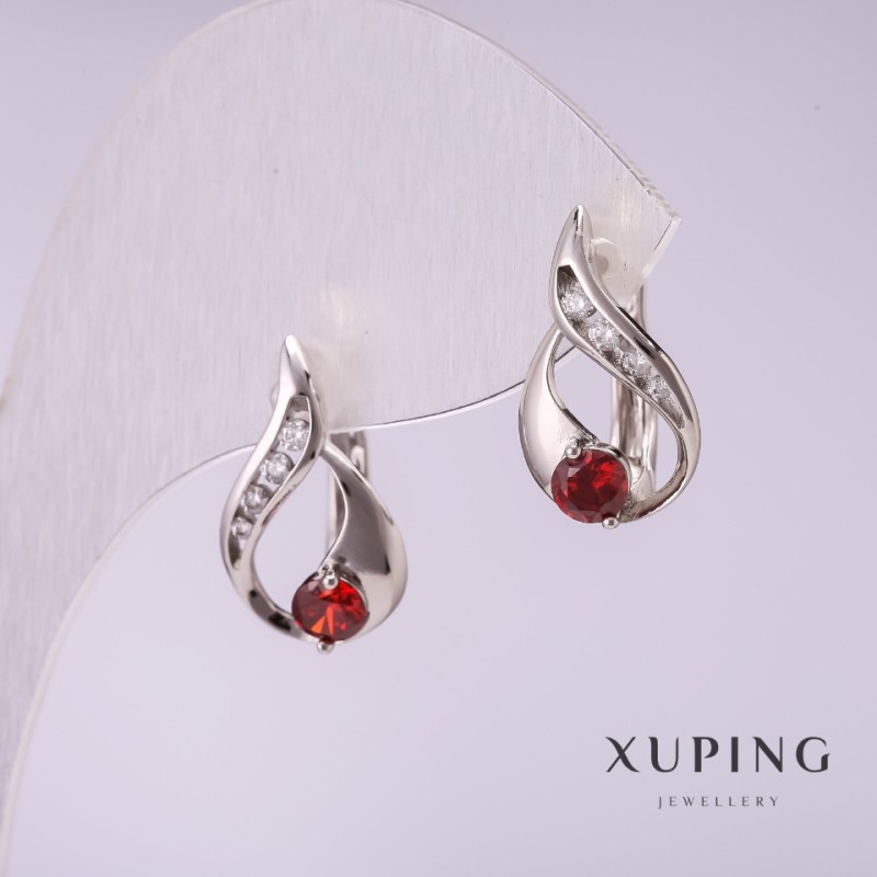 עגילים Xuping עם אבני אדומות 17×10 מ״מ בציפוי רודיום