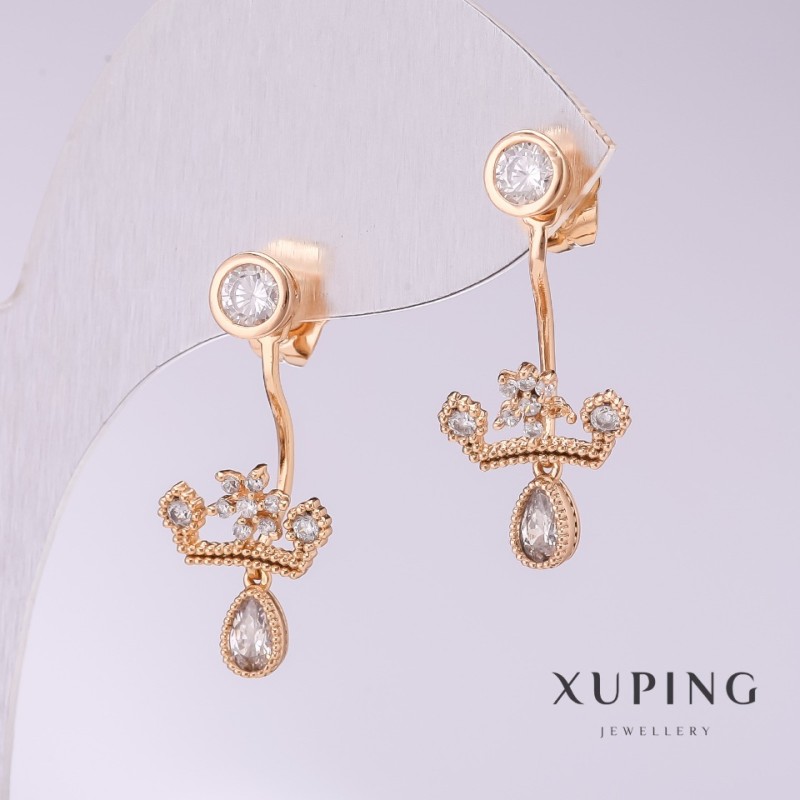 עגילים Xuping כתרים עם אבני סטרז לבנות 28×12 מ״מ ציפוי זהב