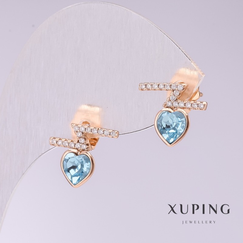 עגילים Xuping חודים בצורת לב עם אבני כחול בהיר 12×11 מ״מ זהב מצופה
