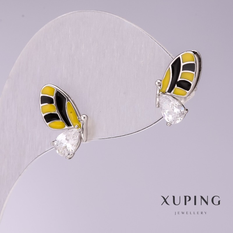 עגילים Xuping «פרפרים» אמייל צהוב ושחור, עם אבנים לבנות 14×8 מ״מ רודיום