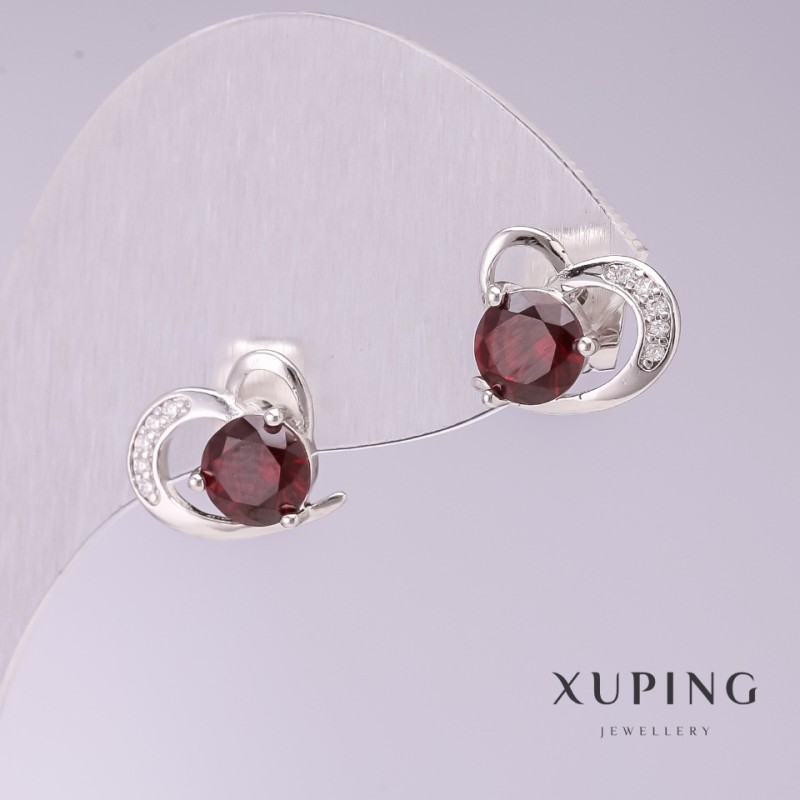 עגילים Xuping «לבבות עם אבנים אדומות» 10×12 מ״מ ציפוי רודיום