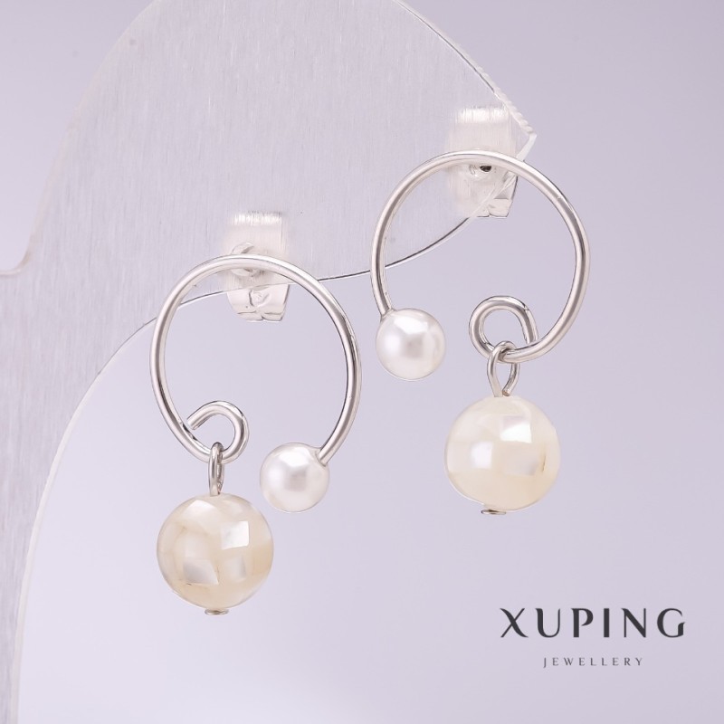 עגילים Xuping טבעות עם חרוזי צדף מבריקים 17x23 מ״м בציפוי רודיום