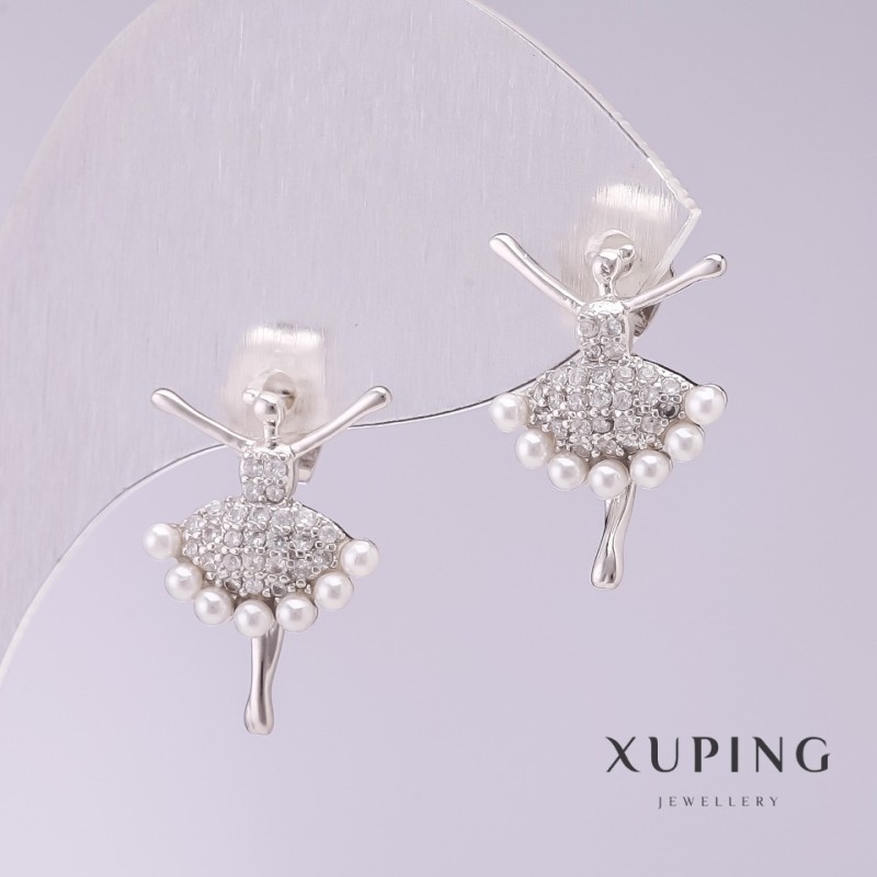 עגילים Xuping בלרינה עם פנינה ממאיורקה 18×12 מ״מ ציפוי רודיום
