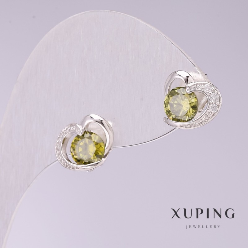 עגילים Xuping «לבבות עם אבנים ירוקות» 9×11 מ״מ ציפוי רודיום