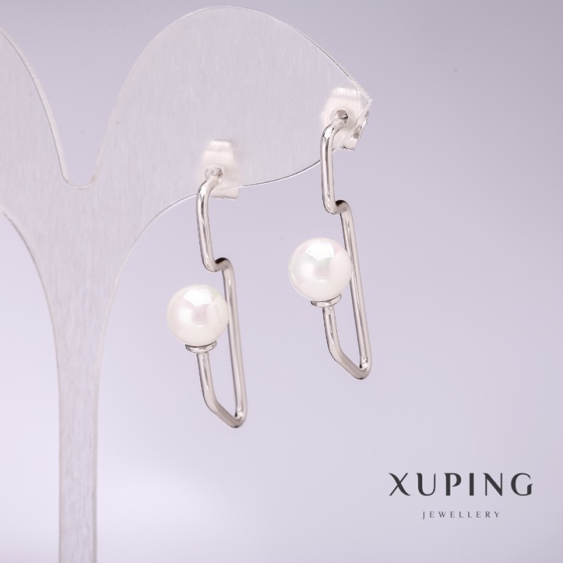 עגילים Xuping עם פנינים לבנות של מאיורקה 34×8 מ״מ רודיום